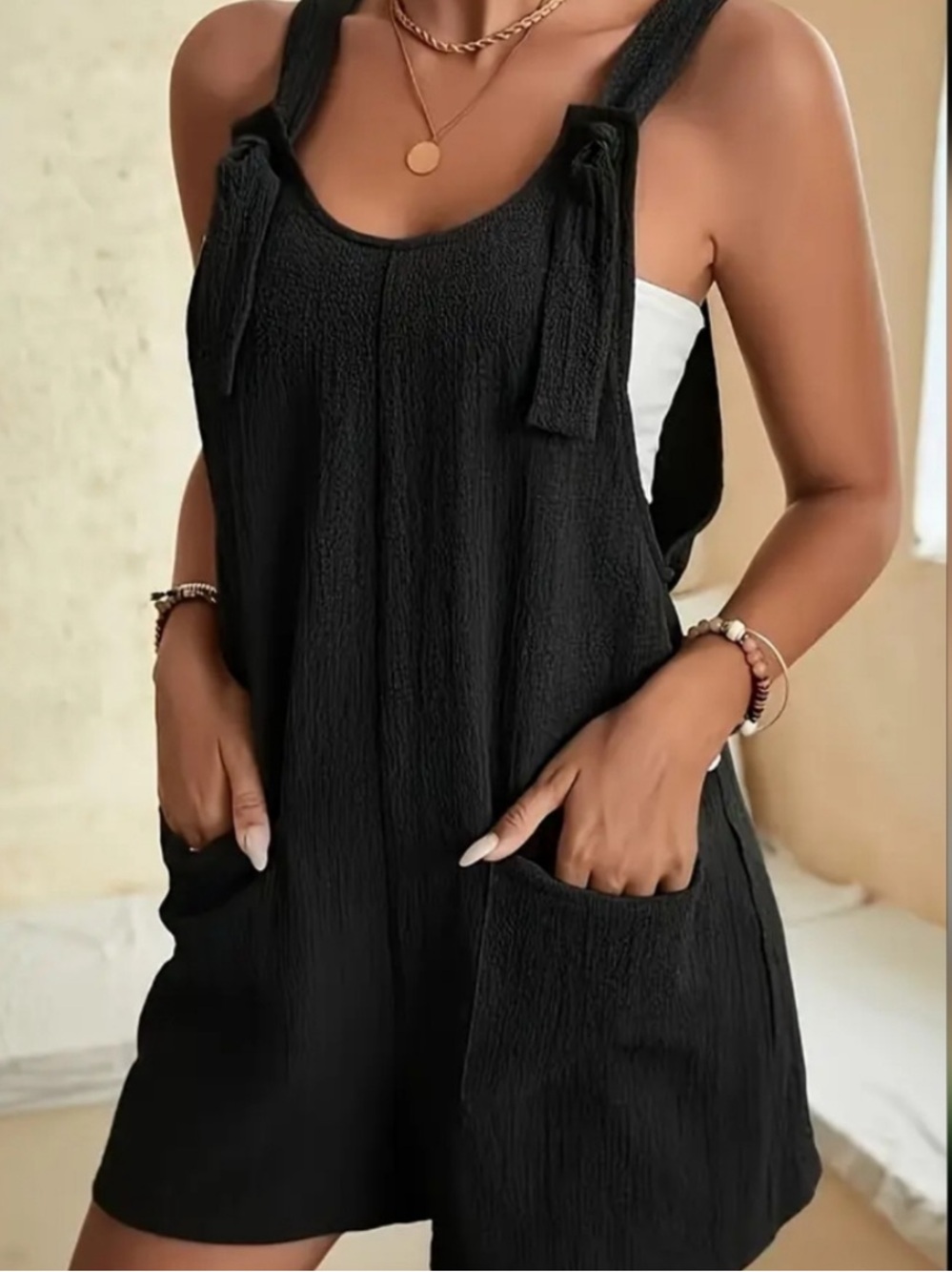 New Black Tie-Shoulder Romper with Pockets